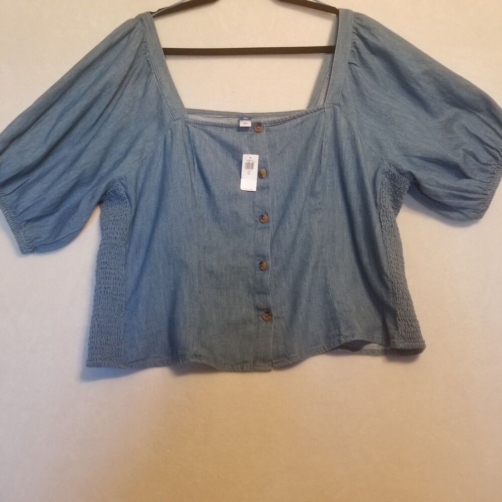Old Navy 2XLT Tall Top 100% Cotton Blue Chambray Puff Sleeve Square Neck Smocked